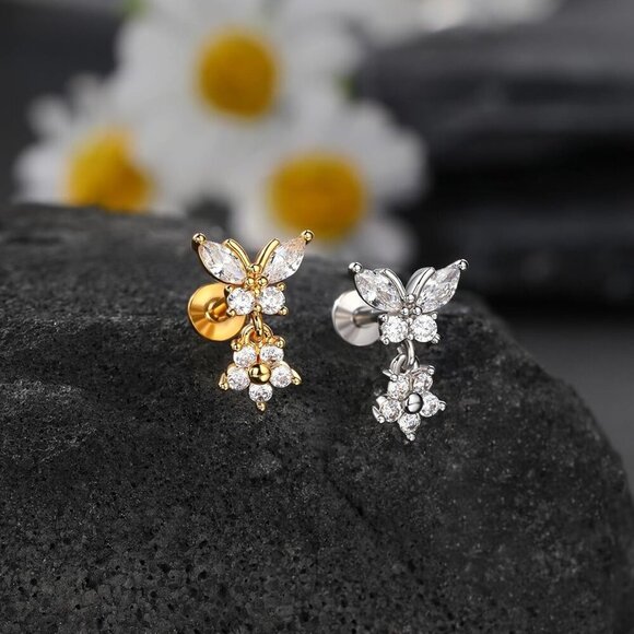 Sterling Steel Flat Back Earrings 16g Butterfly Flower Dangle Jewelry for Women - Picture 3 of 7